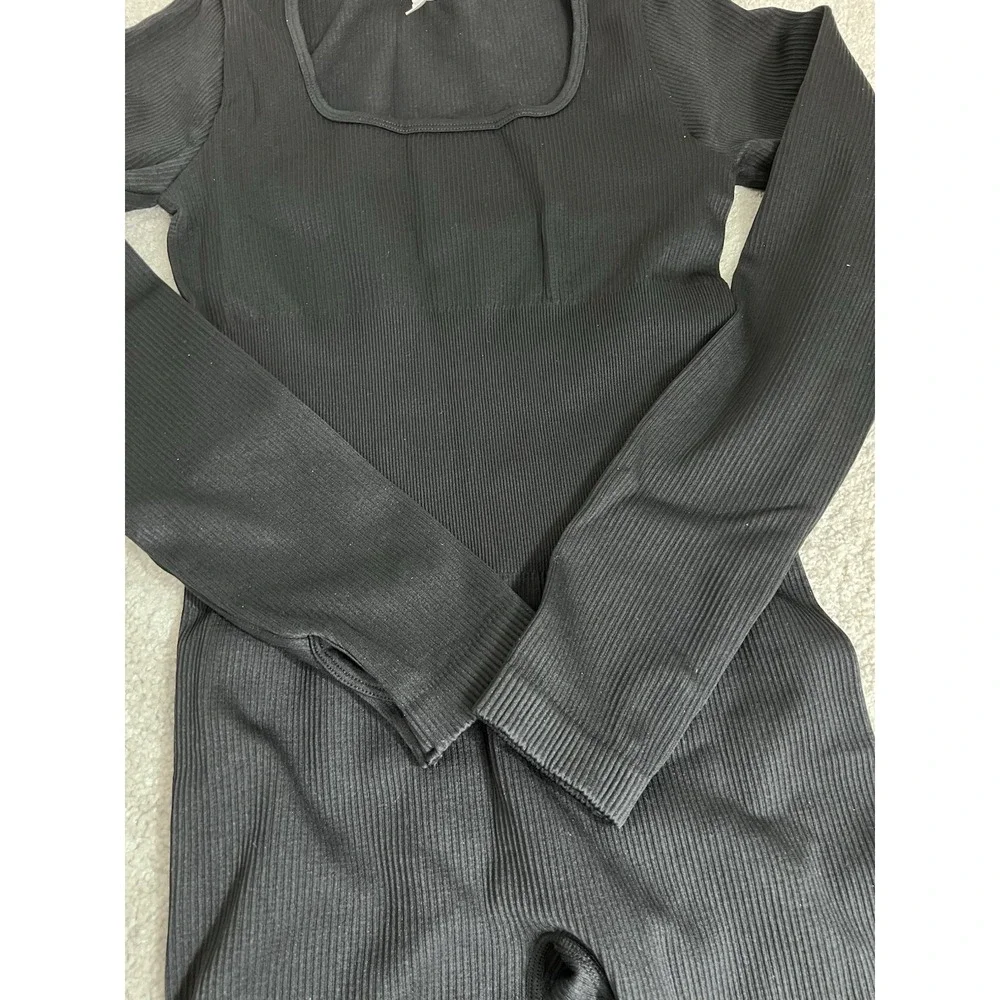 Black Long Sleeve Jumpsuit Workout Yoga Full Body Control Shapewear One Piece M